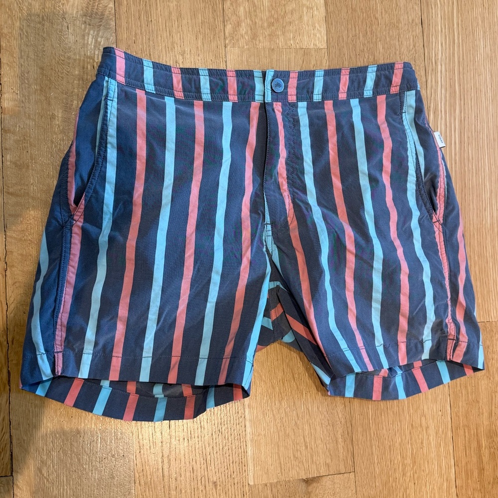 ONIA the calder swim trunks medium grey blue stripes beach vacation flattering
